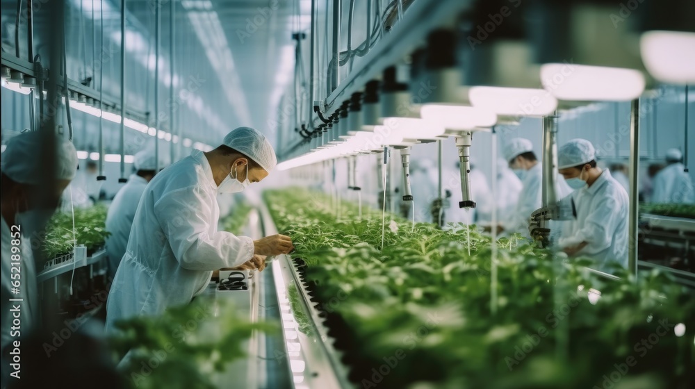 Scientists cultivate organic lettuce using advanced technology and automation in a modern agricultural greenhouse.