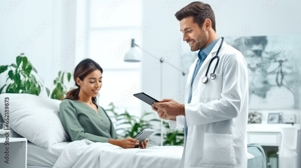 Doctor checklist patient information for health insurance using tablet, Consultation and advice, Hospital.