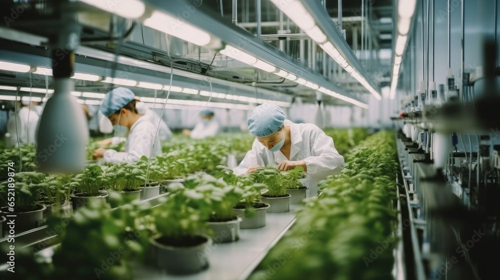 Scientists cultivate organic lettuce using advanced technology and automation in a modern agricultural greenhouse.