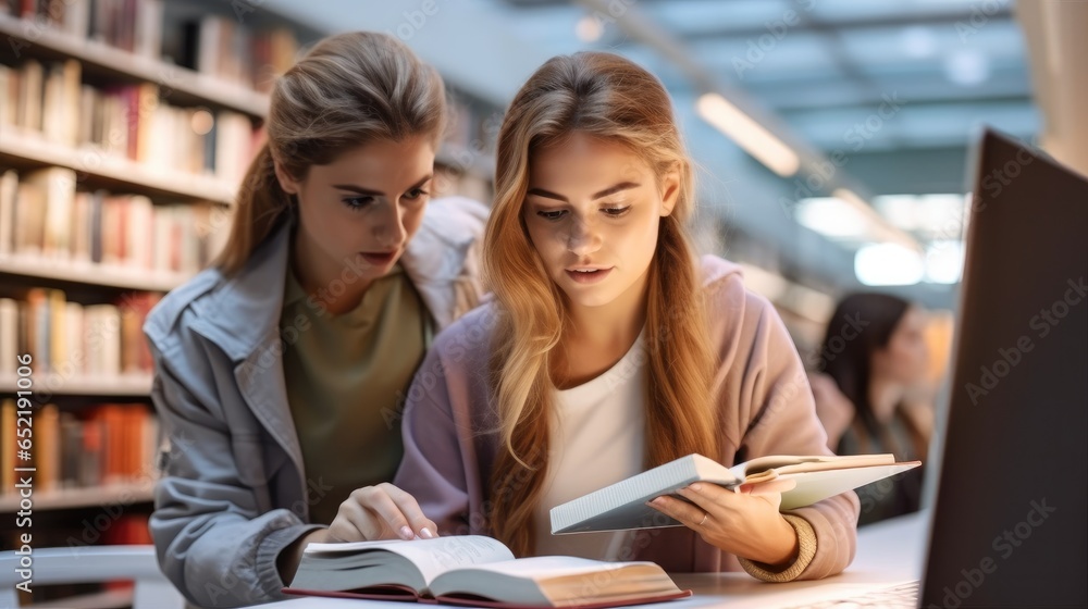 Two young woman students doing work with laptop and books for finding information at library.