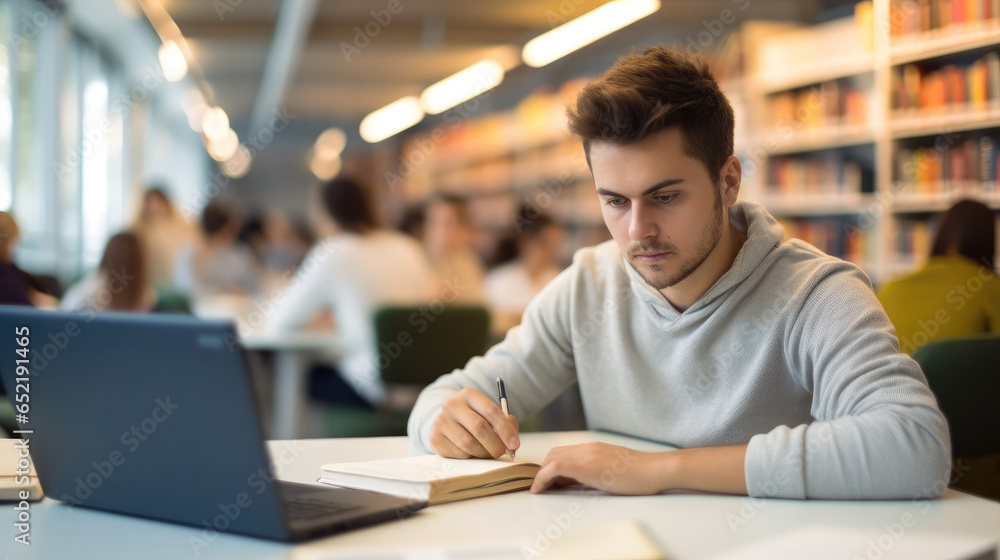 Portrait of young man doing work with laptop and books for finding information at library.