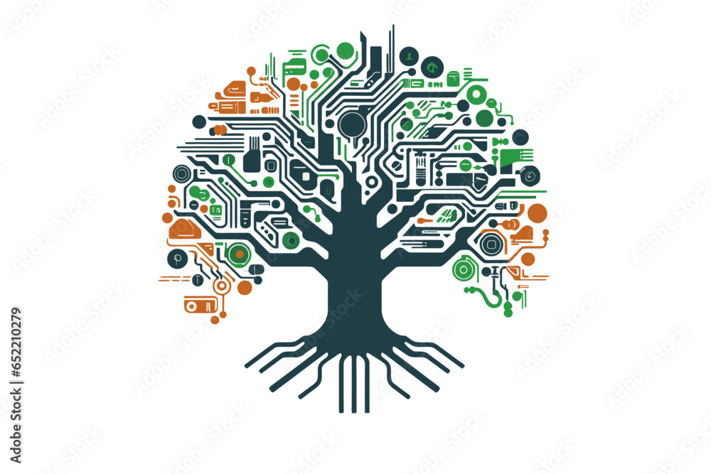 Digital tree of life with circuits, vector illustration colorful tree with roots