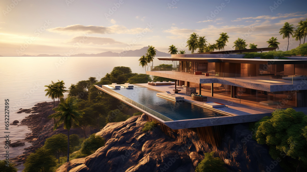 Luxury contemporaty villa on a mountain hill with a view on ocean. Generative AI