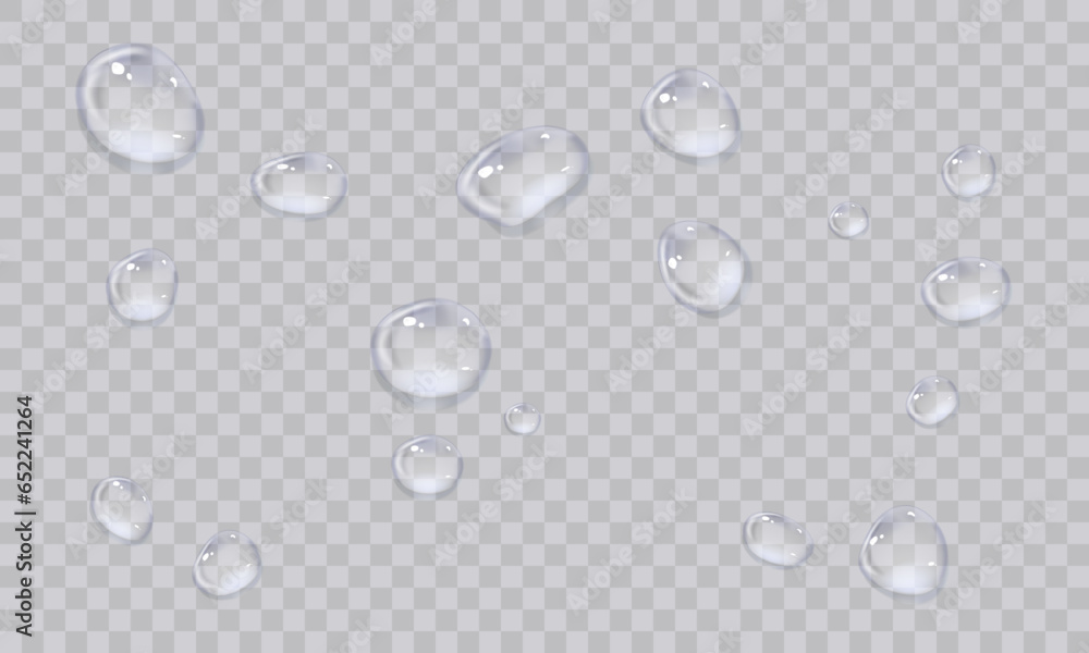 Vector water droplets. Droplets, condensation on glass, on various surfaces. Realistic droplets on a transparent isolated background. PNG.