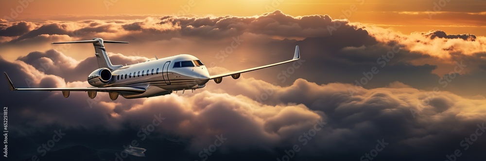 Luxury private jet flying above the clouds, beautiful sunset on background. Travel and airplane concept. Generative AI