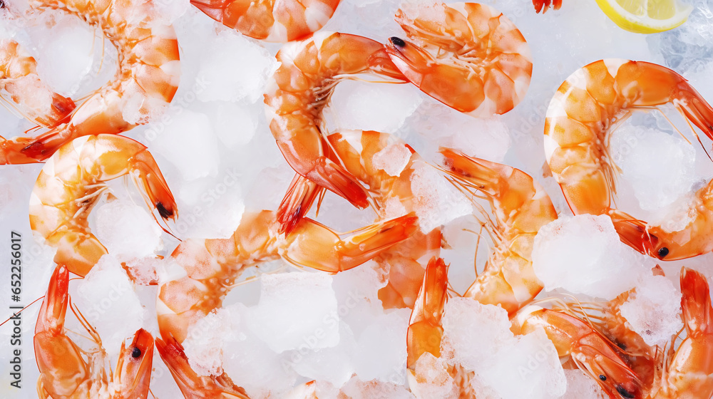 Top view of raw whole shrimps on ice. Seafood background. Generative AI