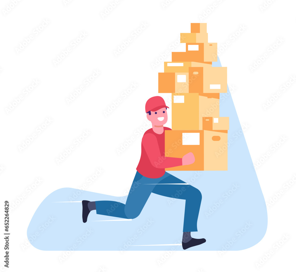 Fast delivery. Courier with many cardboard boxes runs to address. Man carrying with parcels stack. Hurrying deliveryman. Express logistic service. Order transportation. Vector concept