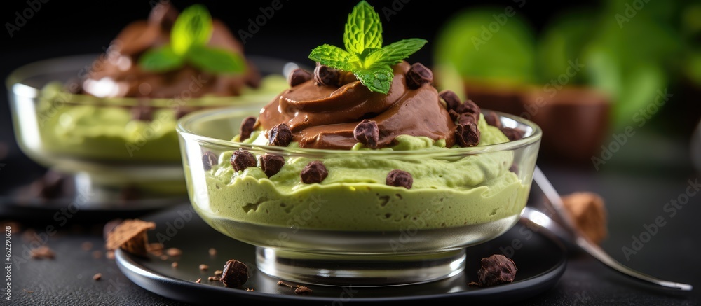 Vegan chocolate dessert with avocado mousse chocolate and mint focused