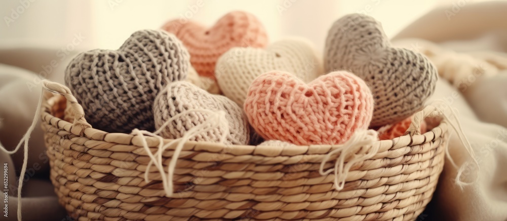 Warm inviting vibe Women s crochet Neutral yarn in jute basket Knitting hooks shaped like hearts