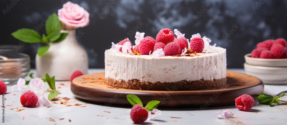 Vegan no bake cheesecake with coconut milk raspberries and coconut flakes on a marble cake stand with flowers in the background