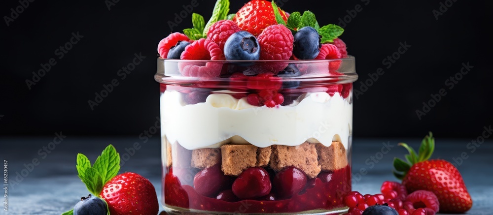 Valentine s Day dessert Red Velvet cake trifle with fresh berries in a glass jar on a gray concrete background