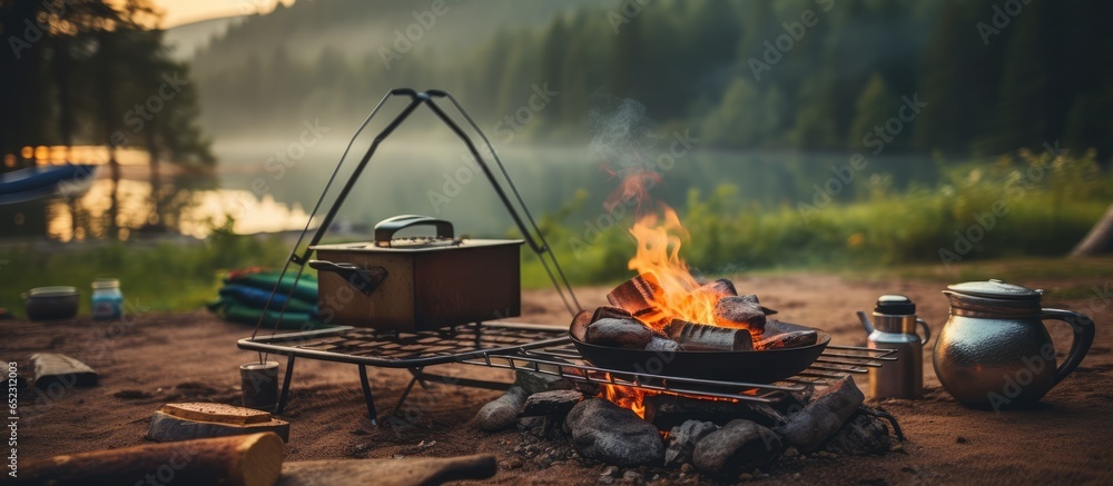 Using camping equipment to cook and make coffee over a campfire with a tent and nature as the backdrop is a useful tool for camping and travel