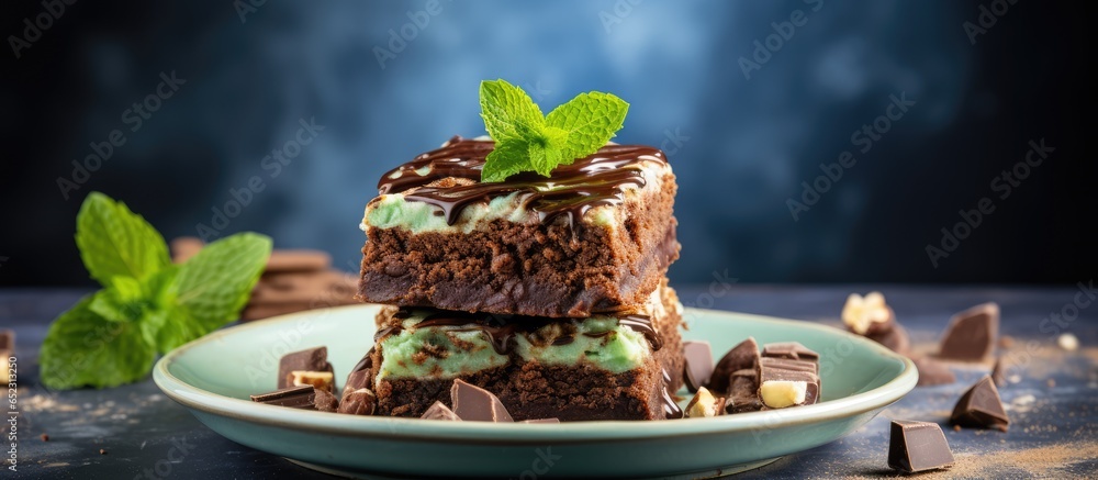 Walnut filled vegan chocolate brownies piled on cocoa dusted parchment paper Empty area Mint colored backdrop