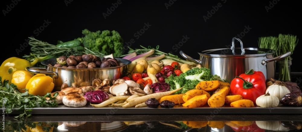 Vegetable filled pan on stove in home kitchen