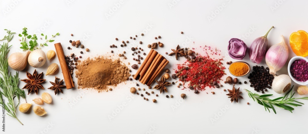 Text space on white kitchen table background for colorful cooking herbs and spices