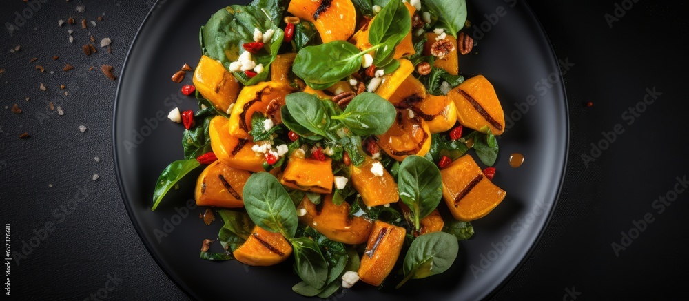 Top view of a pumpkin salad on a black plate with spinach and walnuts placed on a stone backdrop