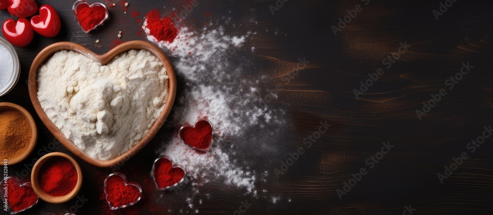 Top view of baking with flour and heart on dark background Flat lay for Valentine s Day or Mother s Day cooking