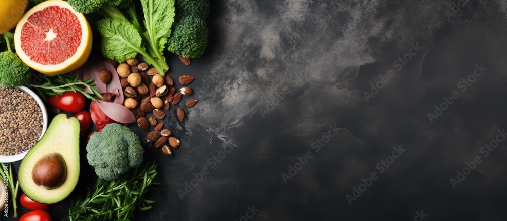 Top view of veganuary concept with vegan food on table against food background