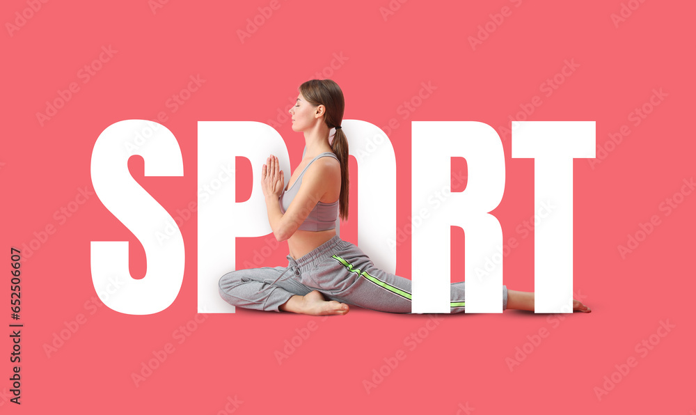 Young woman doing yoga and word SPORT on pink background