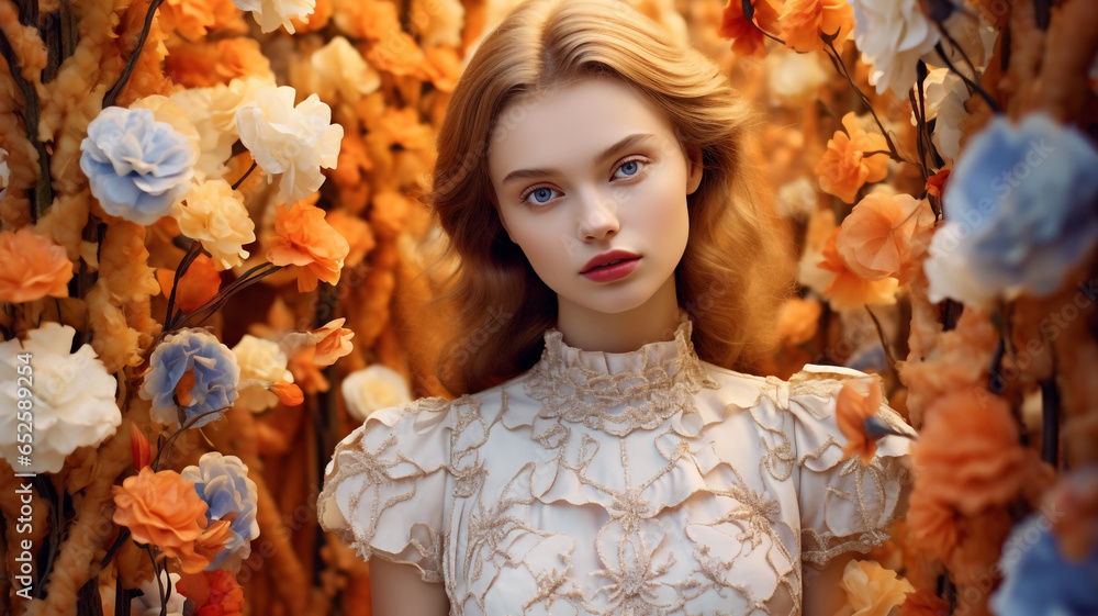 Beautiful model in a elegant dress in a flower garden