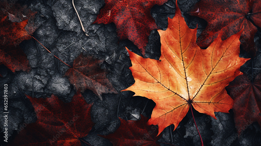 Autumn leaves in many colors on the forest floor