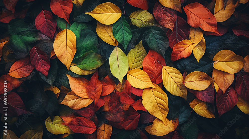 Autumn leaves in many colors on the forest floor