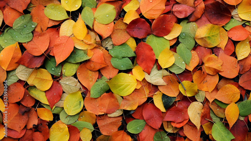 Autumn leaves in many colors on the forest floor