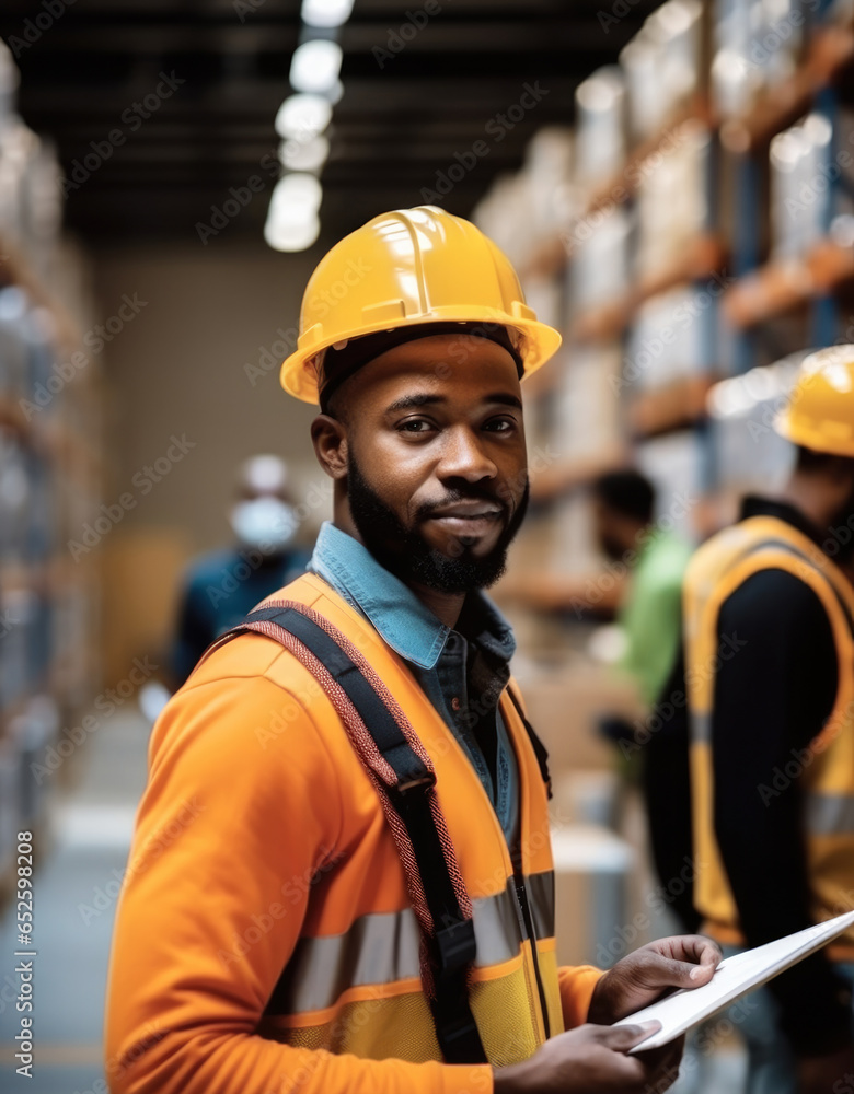 African American logistics supervisor doing merchandise inventory in warehouse.