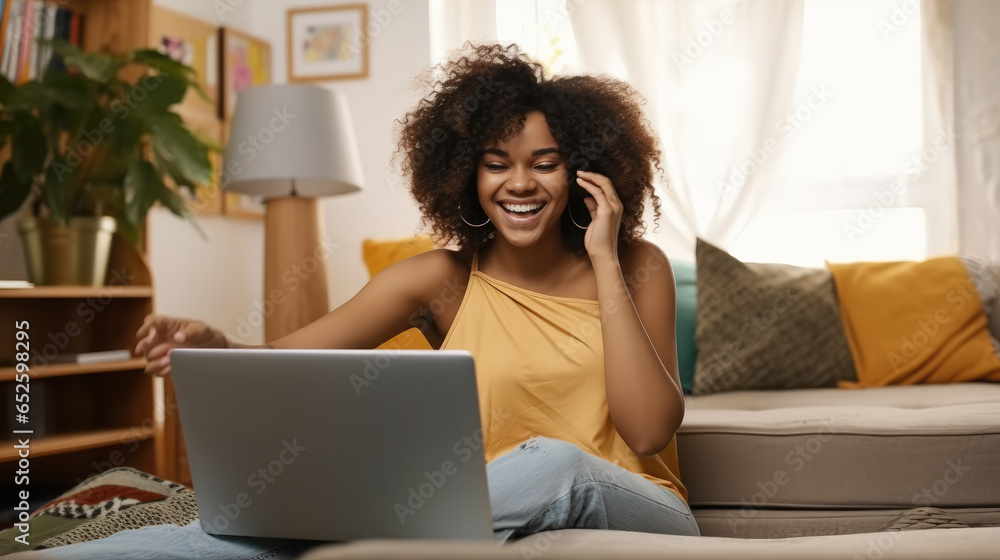 Relaxed African American lady enjoying her weekend, Surfing on internet on laptop.