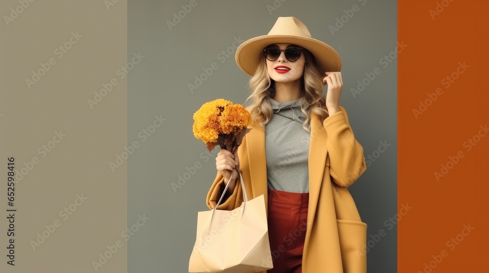 Beautiful woman with shopping bag wearing hat and coat jacket in Autumn color style.