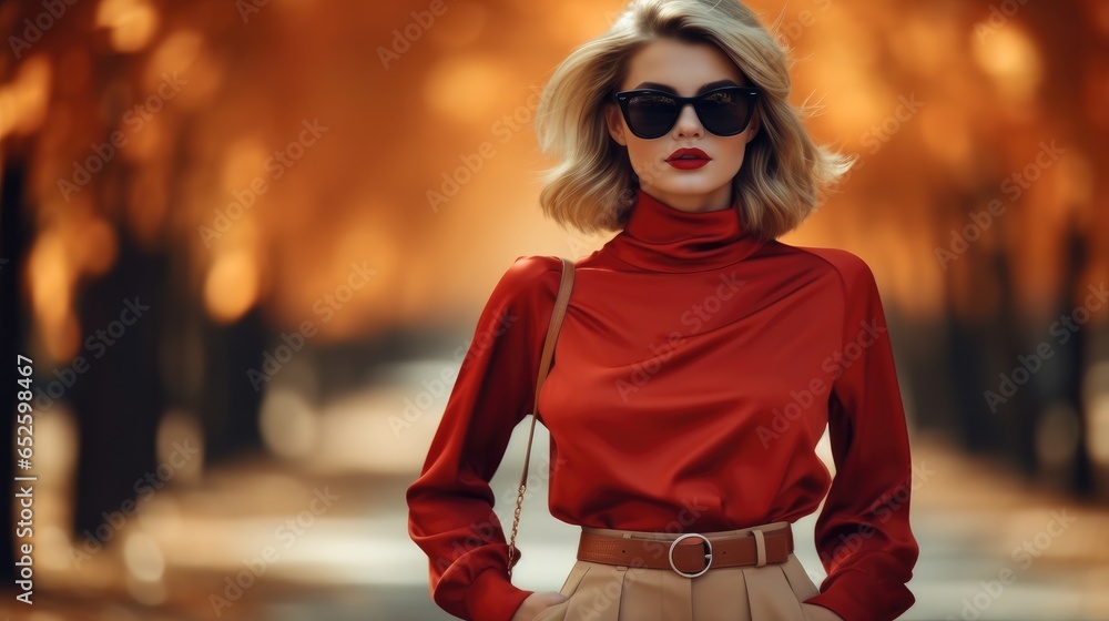 Beautiful female wear in dress red colors, Autumn fashion.