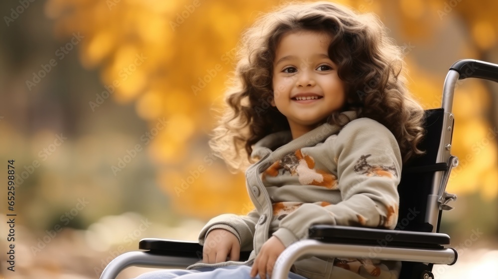 Little kid girl sitting in a wheelchair in a park, Child cant walk after a back spine injury.