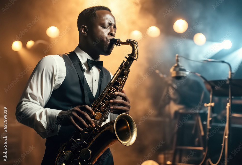 African American jazz performer plays the saxophone on stage.