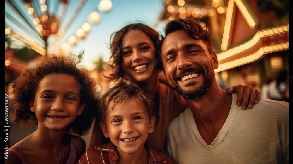 Happy family at the amusement park.