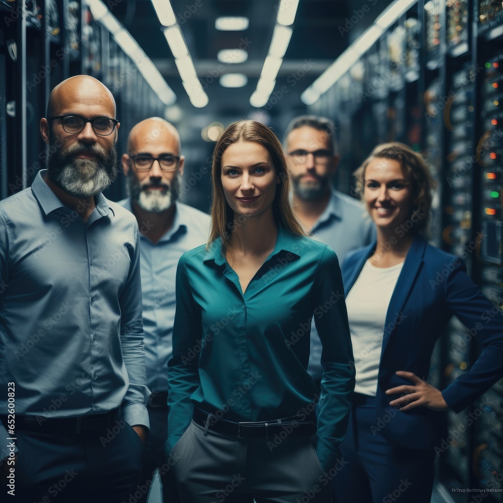 Business analysts proudly overseeing technology infrastructure in big database server center office.