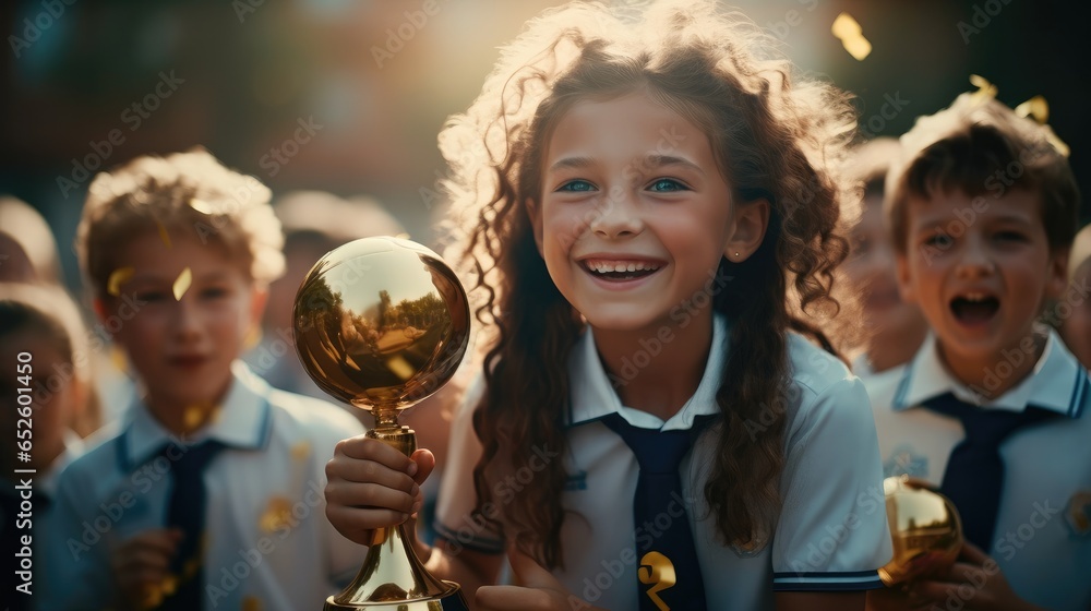 Happy little girl with medals and trophy cup.