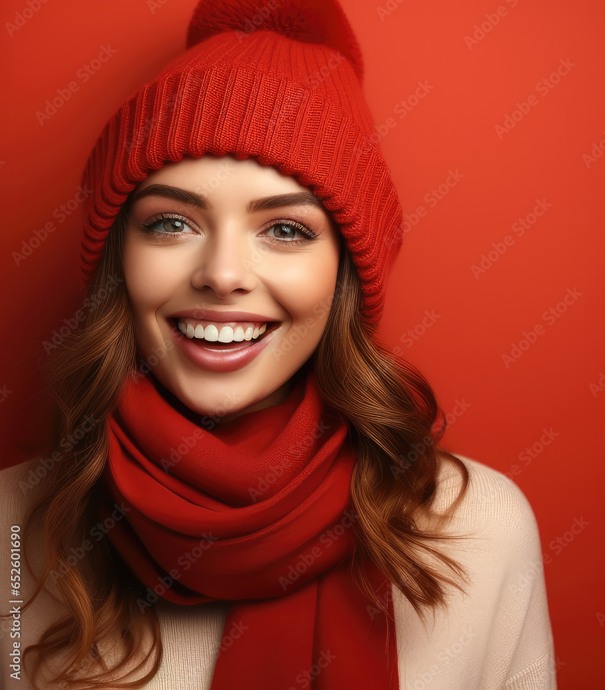 Happy beautiful woman standing on a red Background.