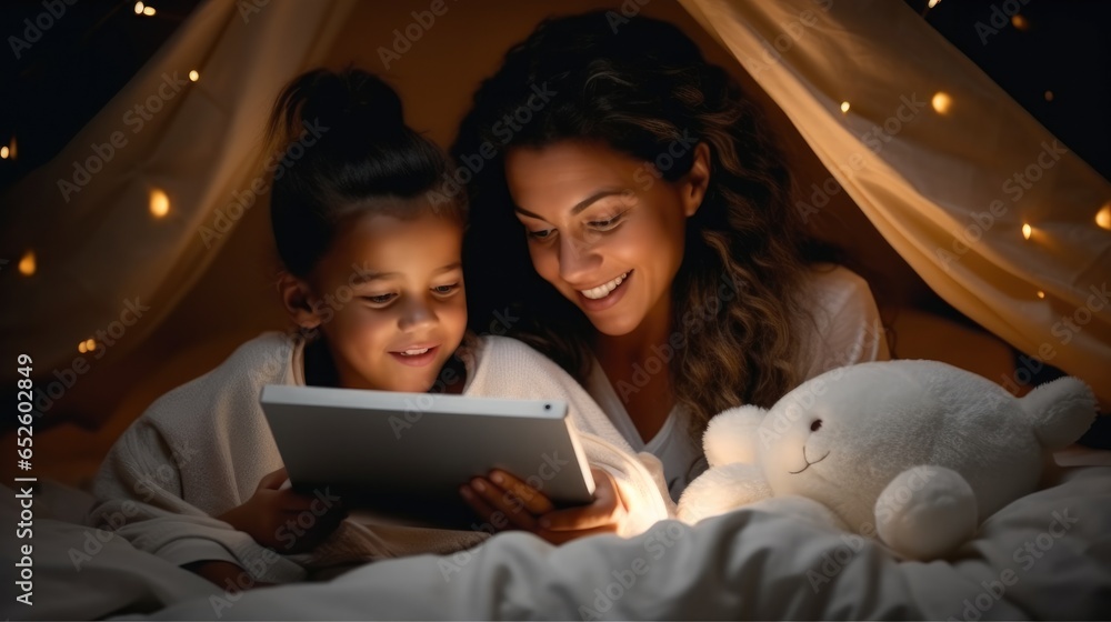 Mother with daughter using tablet watching movies and online games in bedroom.