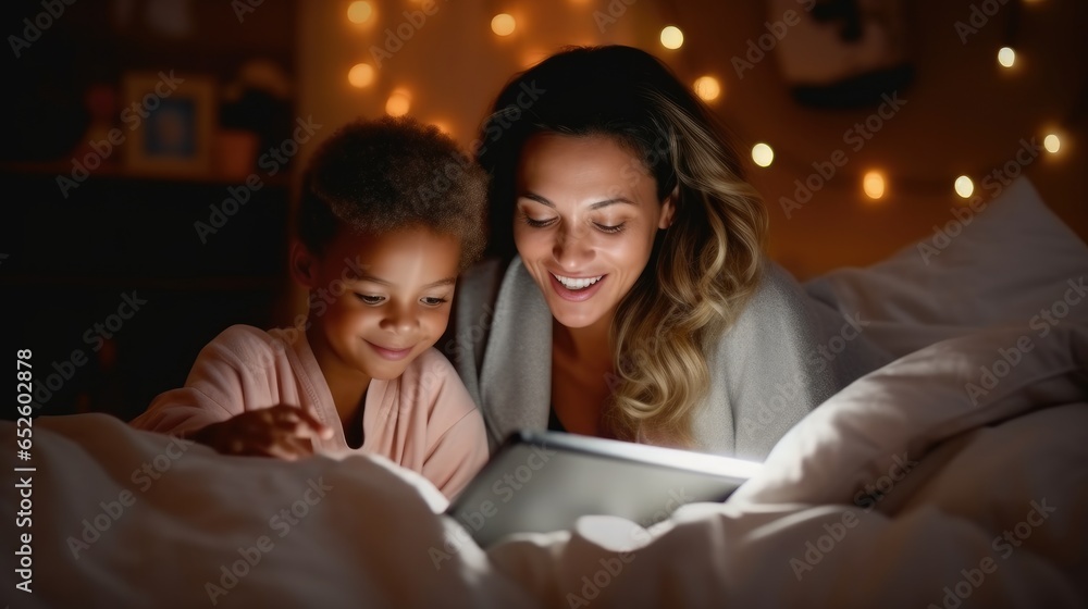 Mother with daughter using tablet watching movies and online games in bedroom.