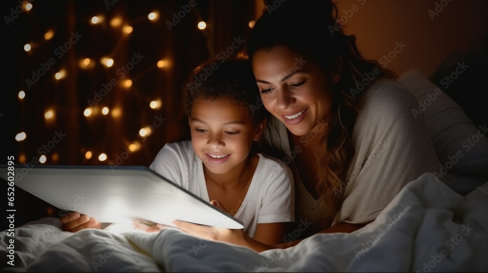 Mother with daughter using tablet watching movies and online games in bedroom.