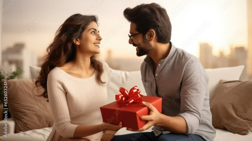 Man giving a gift box to his wife on the occasion of celebration marriage anniversary.