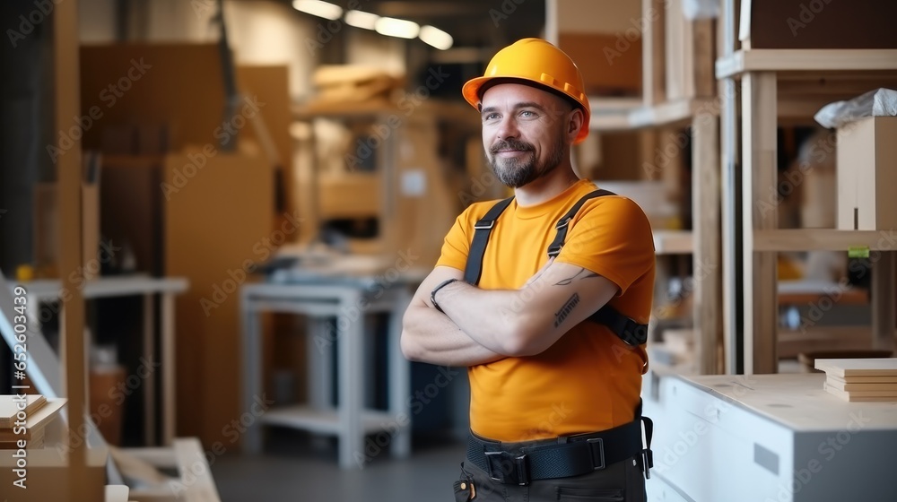 Man in work clothes and yellow helmet stand at shop for manufacturing furniture.