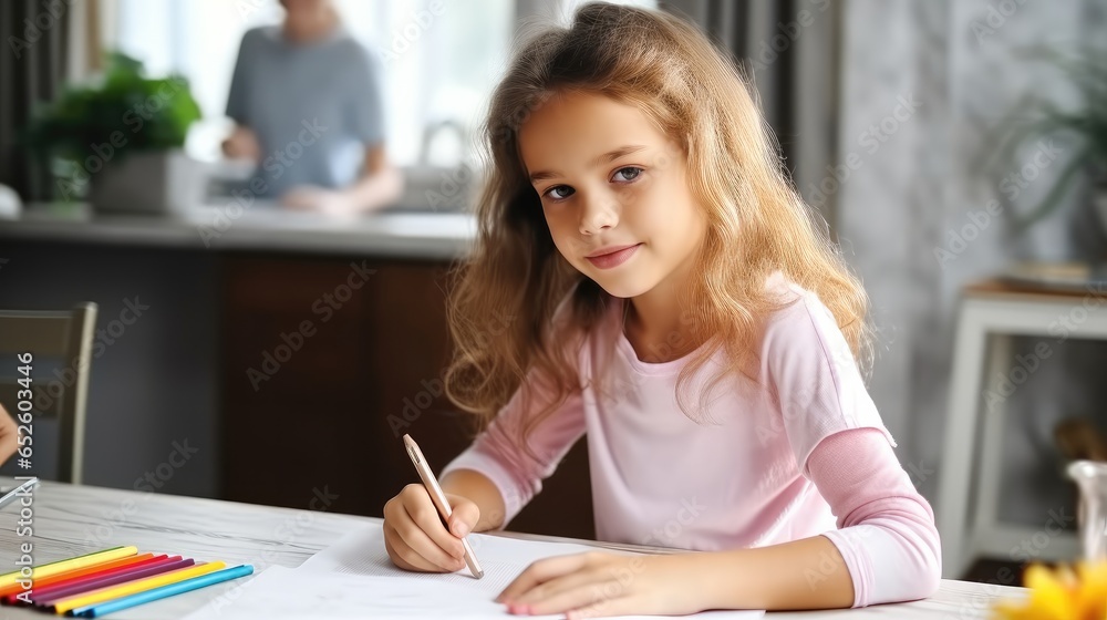 Little girl busy with drawing at kitchen table at home.