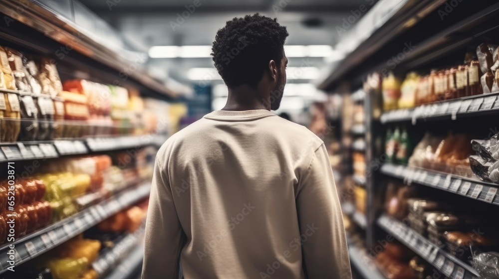 Young black man are shopping in supermarket, Buying groceries and food products.