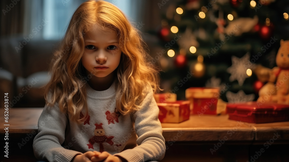 Cute little child feeling unhappy with bad holiday present, Christmas lonely unhappy little girl.