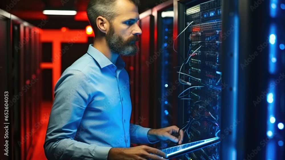 Professional IT specialist working with telecommunication equipments in server room.