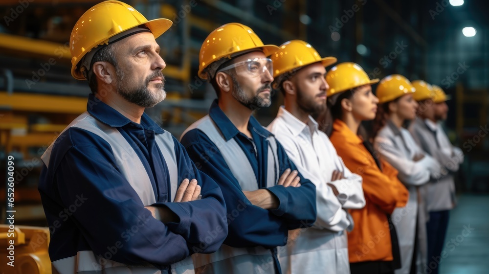 Confident lineup of factory worker, Engineer, Manager and foreman stand on-site within heavy industrial manufacturing factory.