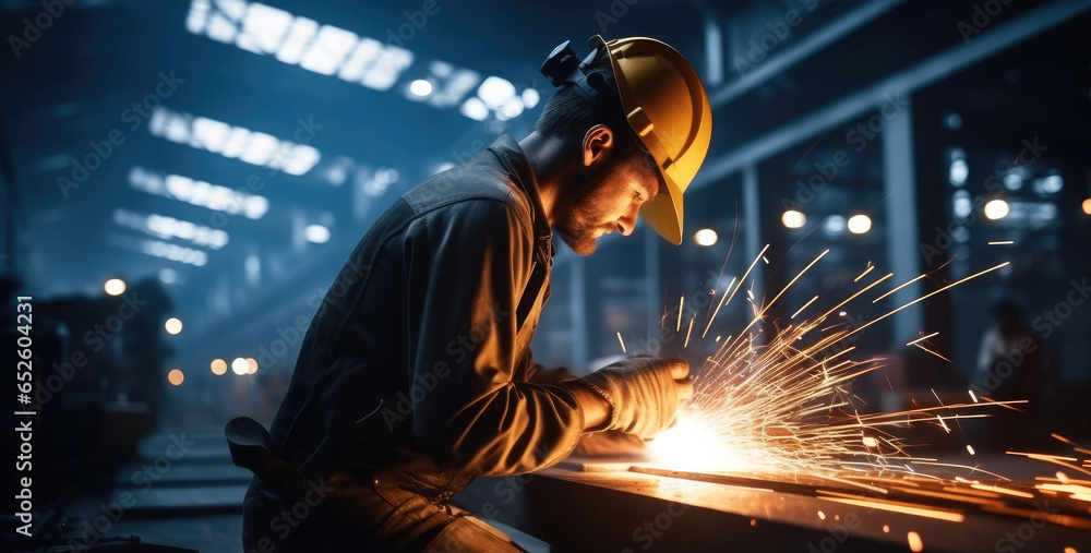 Welder used grinding stone on steel with sparks in factory, Industrial Worker welding steel.