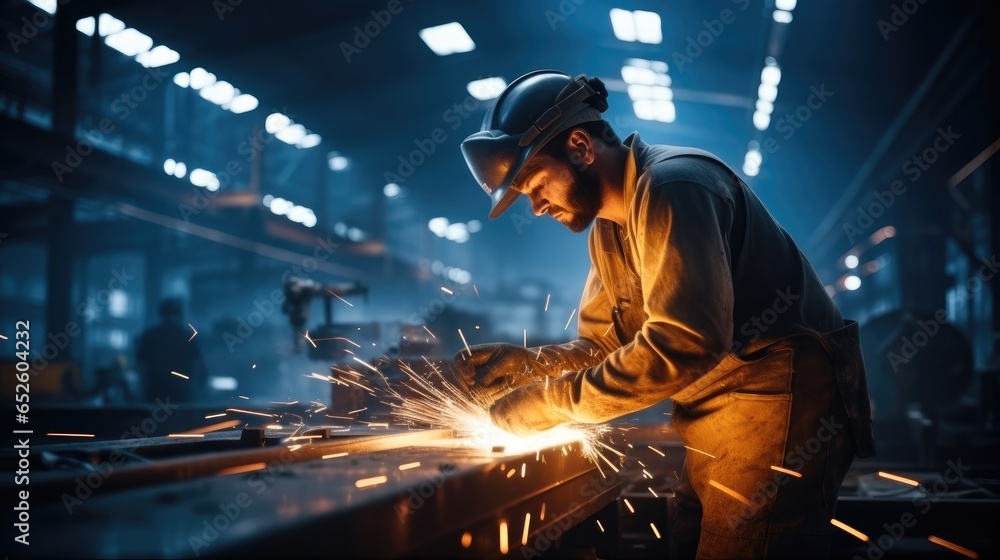 Industrial Worker welding steel used grinding stone on steel with sparks in factory.