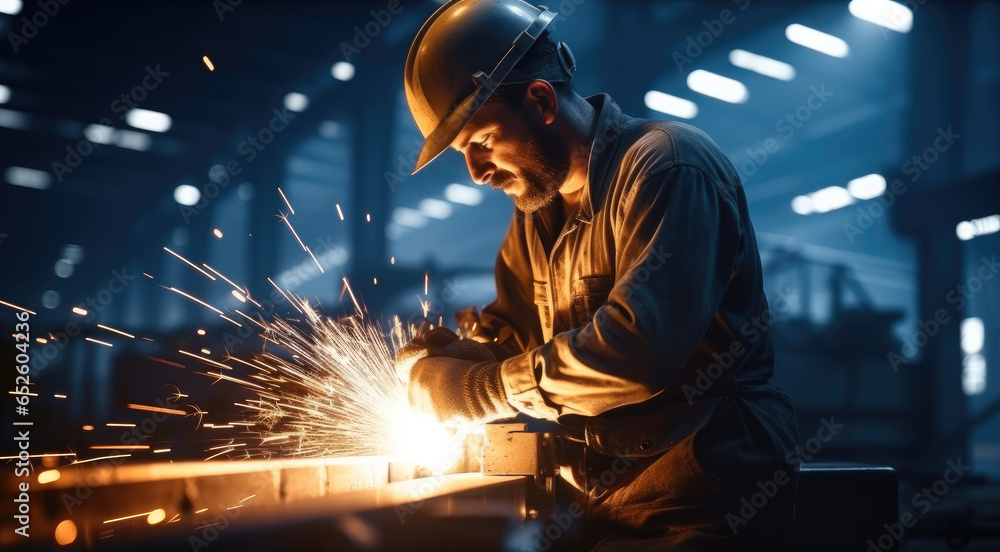 Welder used grinding stone on steel with sparks in factory, Industrial Worker welding steel.